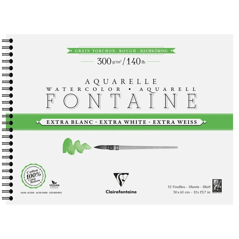 Clairefontaine 976092C Fontaine Extra White Torchon Grain Spiral-Bound Album 30x40cm 300g - 12 Sheets White 100% Cotton Watercolour Paper - Professional Quality