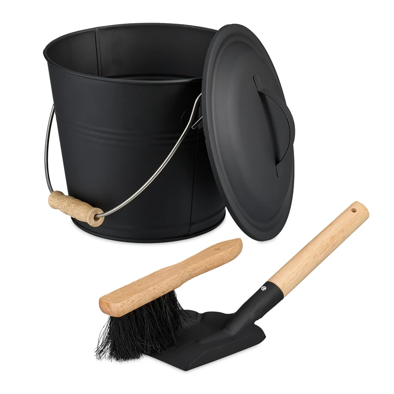 Relaxdays Ash Bucket with Lid & Sweeping Set, 4.5 Litres, Shovel & Broom, Fireplace Bin, Container with Handle, Black, Iron