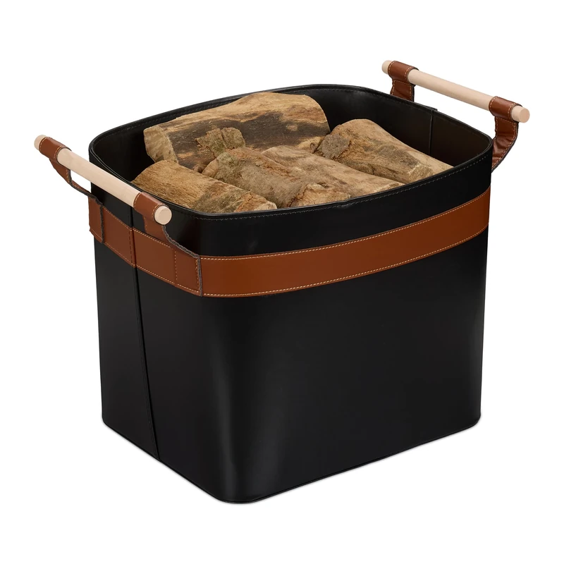 Relaxdays, 70 L, Handles, HBT 40 x 50 x 44 cm, Faux Leather Basket for Firewood, Grey/Brown, 80% plastic wood 10% cardboard, 40x51x32 cm