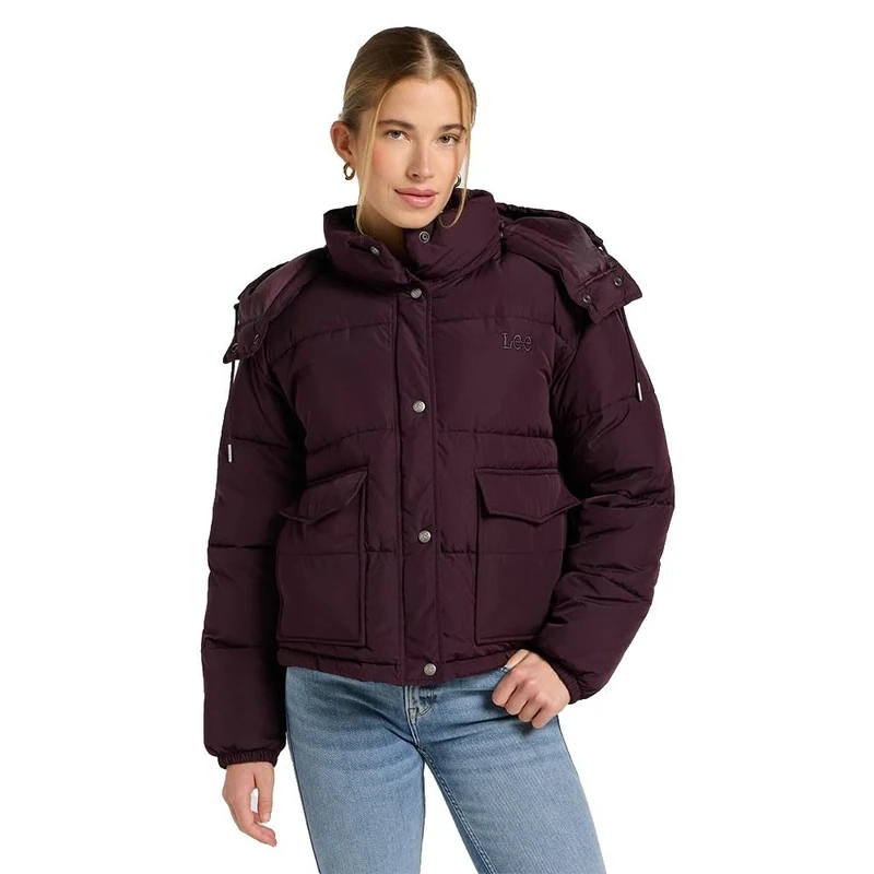 Lee Women's Short Puffer with Hood Jacket, Deep Wine, L