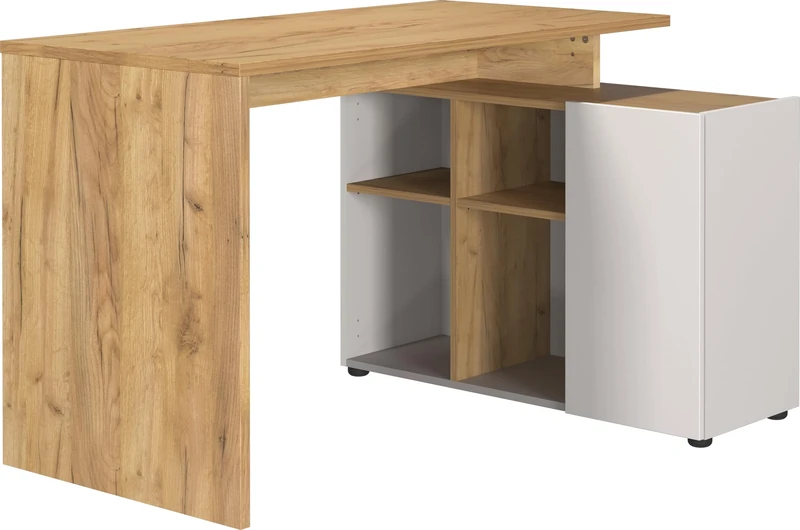 Germania GW-ADRANO Angled desk 2230-605, in Cashmere/Navarra-oak repro, with integrated sideboard, can be mounted in reverse, 120 x 74 x 90 cm (W/H/D)