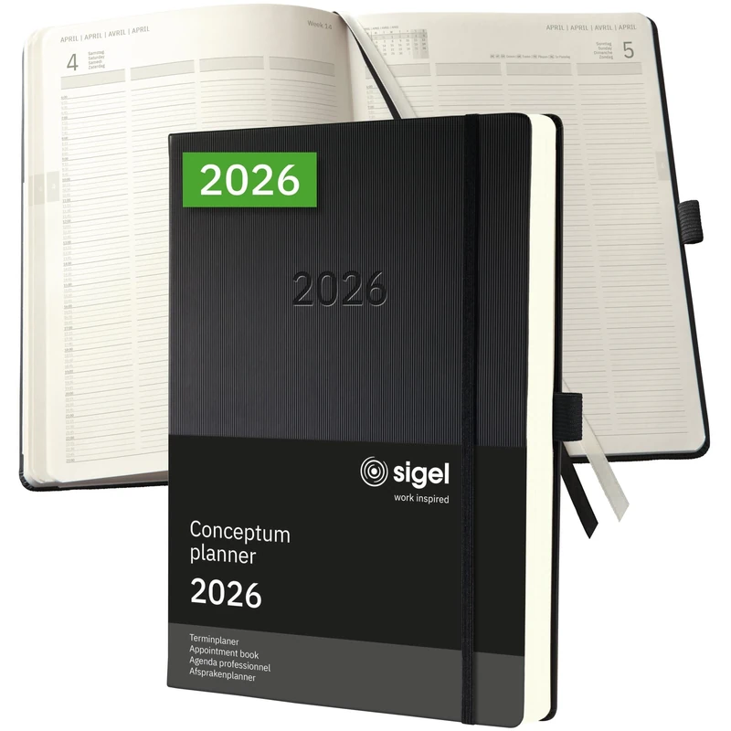 SIGEL C2604 Appointment book Conceptum 2026-1 year - A4+ - black - 1 page = 1 day - hardcover - 80 gsm - 480 p. - PEFC-certified