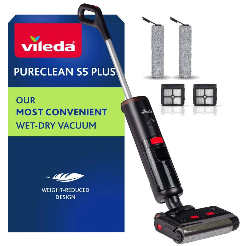 Vileda PureClean S5 Plus | Smart Cordless Wet and Dry Vacuum Cleaner | Lightweight for Easy Operation | With Double Tank for 100% Separation of Dirt and Clean Water | Self-Cleaning Function