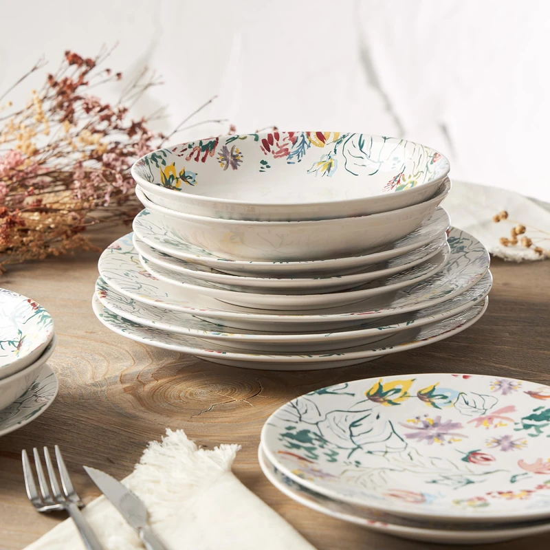 Genevieve LETHU 545866 18-Piece Stoneware Dinner Set for 6 People Dinner Plates Soup Plates Dessert Plates from The A Travers Champs Collection Floral Multi-Coloured