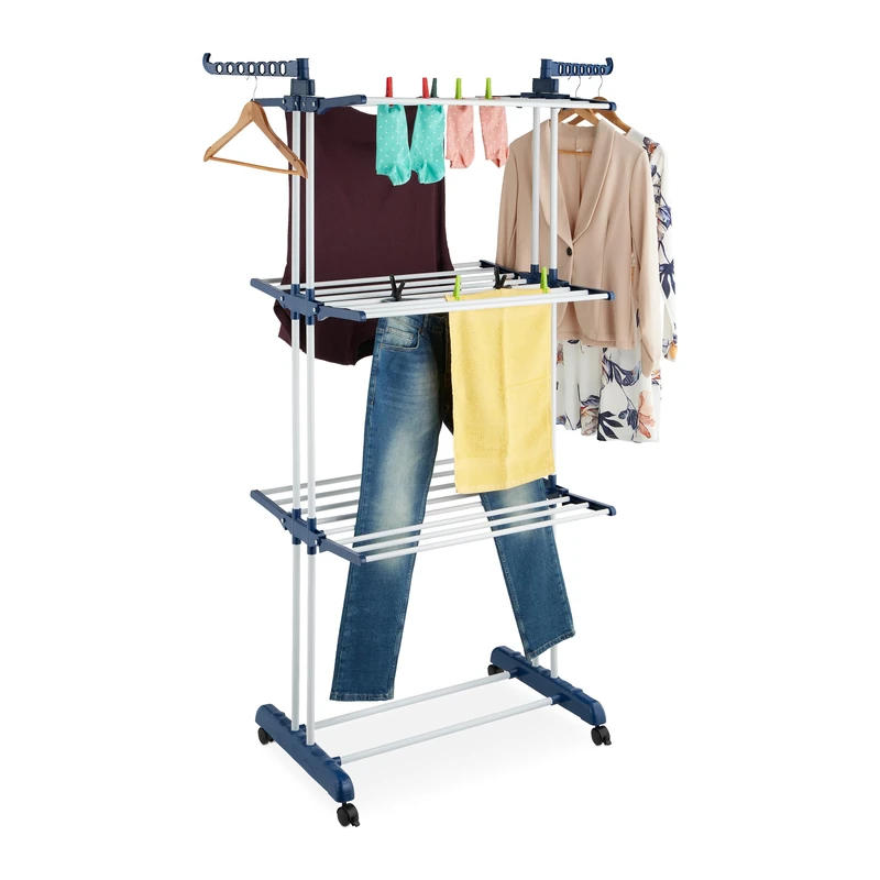 Relaxdays Folding Clothes Airer, 4-Tier Portable Drying Rack, Hanger with Casters Garment Laundry for Indoor Outdoor, Steel, Plastic