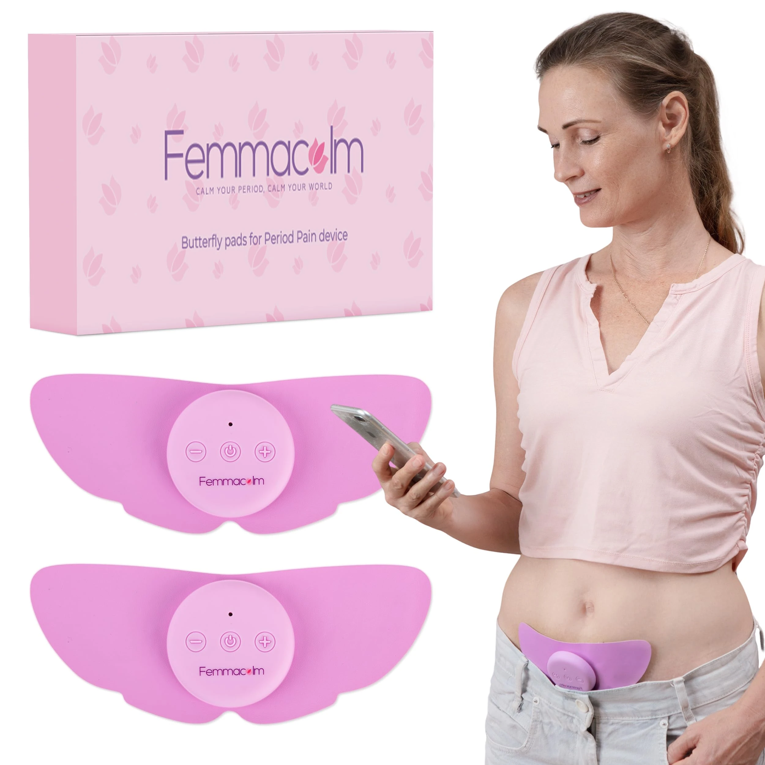 Femmacalm Pink Butterfly Replacement Pads – Reusable Gel Pads for Femmacalm Wireless TENS Device, Skin-Friendly Adhesive, Also Fits Wearable TENS Units Using The Same Connector Style