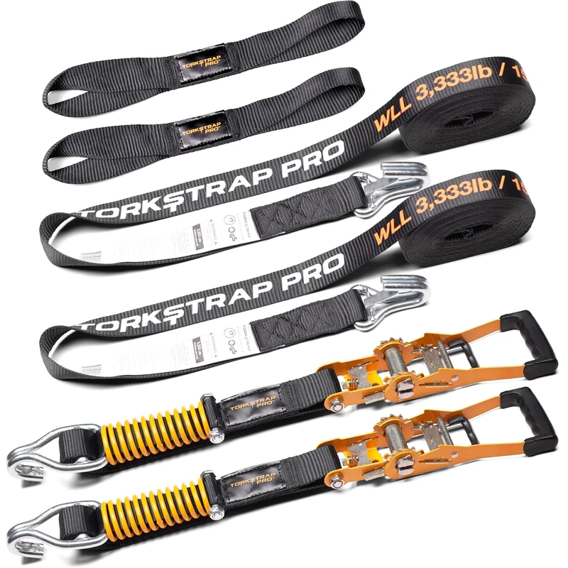 TorkStrap Pro 25' x 2'' Self Tensioning Ratchet Straps (10,000LB Break Strength) - Adjusts to Load Shifts - Spring Loaded Heavy Duty Ratchet Straps w/Soft Loops - UTV, Cargo, ATV, Trucks (2-Pack)