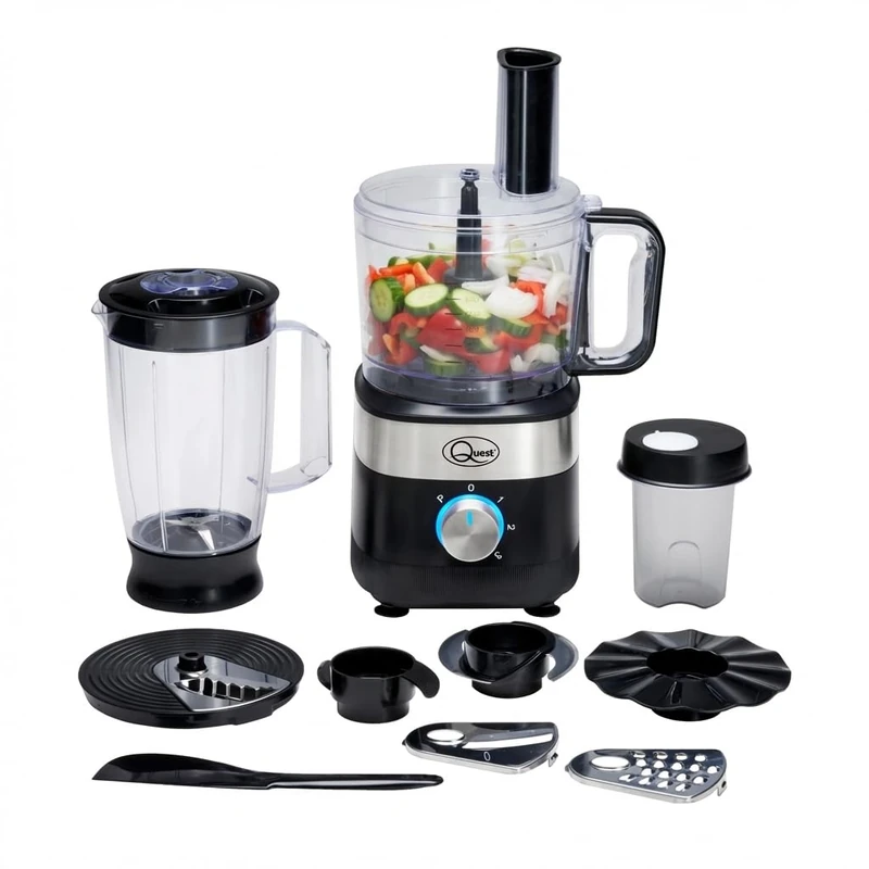 Quest 6-in-1 Food Processor - Chop, Blend, Slice, Shred, Grind & Knead - 2 Litre Bowl, 3 Speeds + Pulse, All Accessories Included, Dishwasher Safe