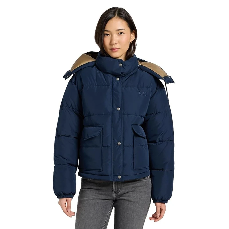 Lee Women's Short Puffer with Hood Jacket, Rivet Navy, L