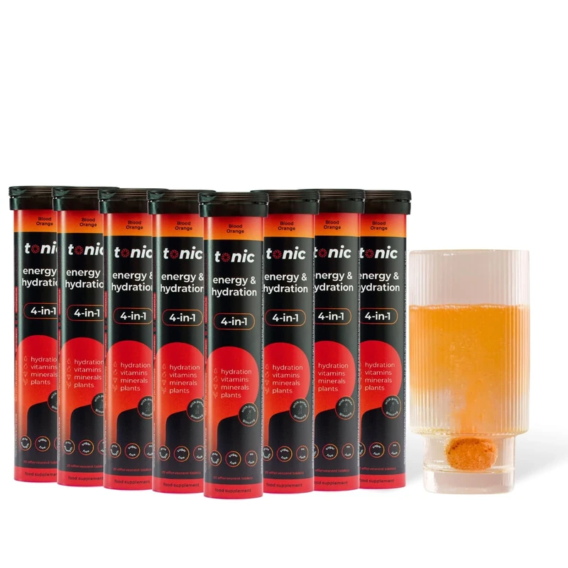 Tonic Health Energy and Hydration Tablets - 15 Vitamins, Minerals, Plants with Panax Ginseng, No Sugar Effervescent Multivitamins - Rehydration Electrolytes Tablets, Blood Orange 160 Count