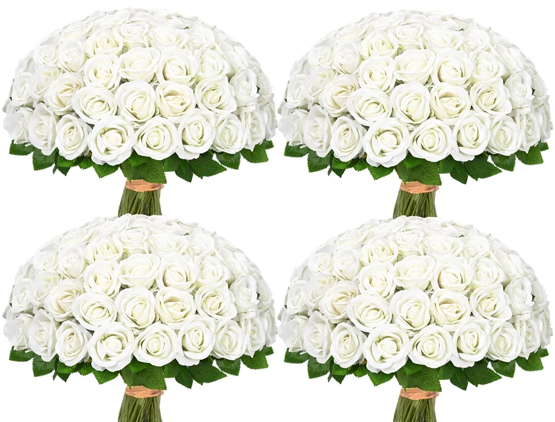 Waipfaru 100 Pcs White Roses Artificial Flowers Bulk, Real Touch Velvet Roses with Wrapping Paper, Fake Flowers for Wedding Centerpieces Bridal Bouquet Valentines Mothers Day Decor