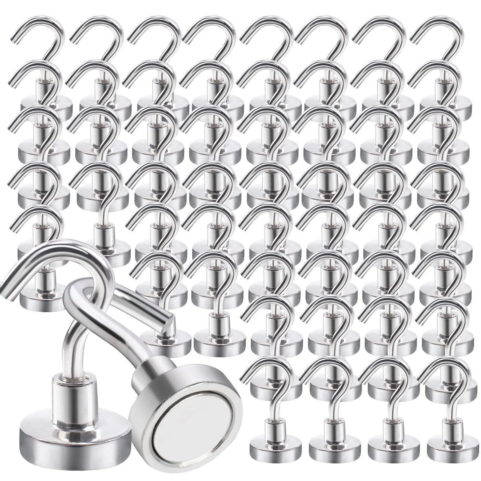 Aenienoe 55 Pack Strong Magnetic Hooks 11kg Magnet Hooks for Hanging Heavy Duty Neodymium Magnet with Hook for Cruise Cabin Kitchen Fridge Classroom Office Camping 16mm Silver