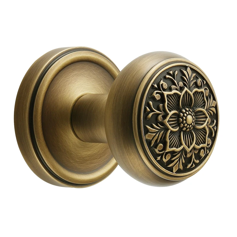 FLIRABBIT Antique Brass Passage Door Knob, Intricate Floral, 2-3/8" Backset