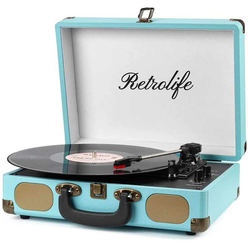 Retrolife Vinyl Record Player 3-Speed Bluetooth Suitcase Portable Belt-Driven Record Player with Built-in Speakers RCA Line Out AUX in Headphone Jack Vintage Turntable