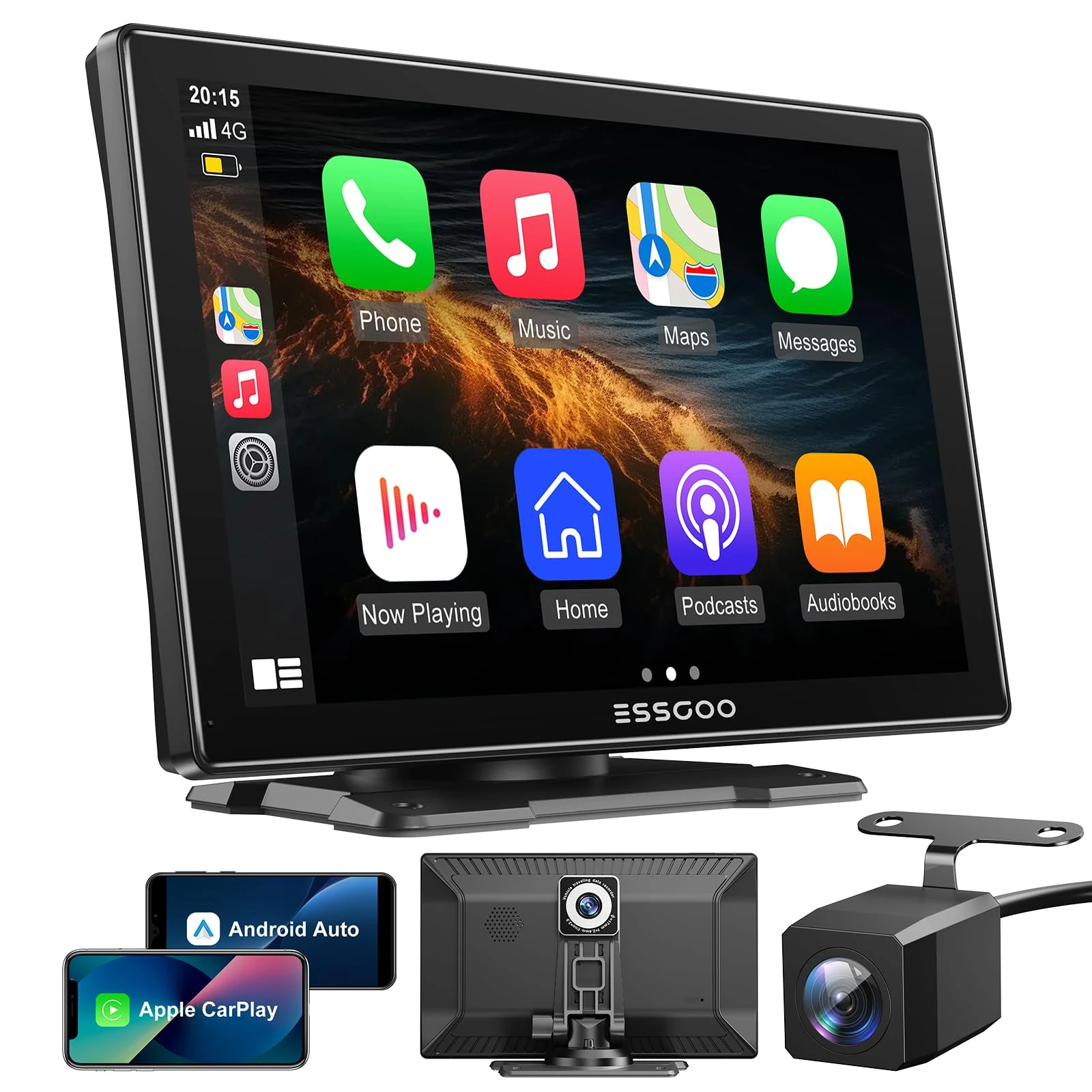 ESSGOO 9" IPS CarPlay Screen for Cars, Wireless A-pple CarPlay & Android Auto, 4K Front Dash Cam, 1080P Rearview Camera, Bluetooth 5.0, FM, Voice Assistant, 64GB TF Card Support, AUX