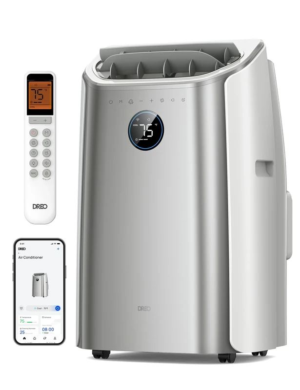 Dreo Smart 3-in-1 Portable Air Conditioner, 10000 BTU Drainage-Free Cooling AC Unit, Silent Mobile Air Conditioner for Bedroom, APP/Voice/Remote Control, 24h Timer with Fan &Dehumidifier, Silver