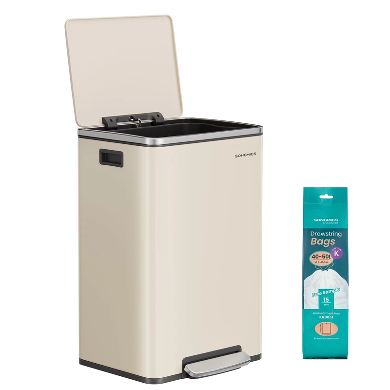 SONGMICS Kitchen Bin 50 L, with 15 Bin Bags, Steel, Removable Plastic Inner Bucket, with Lid, Handles, Soft Close, Cream LTB595A02