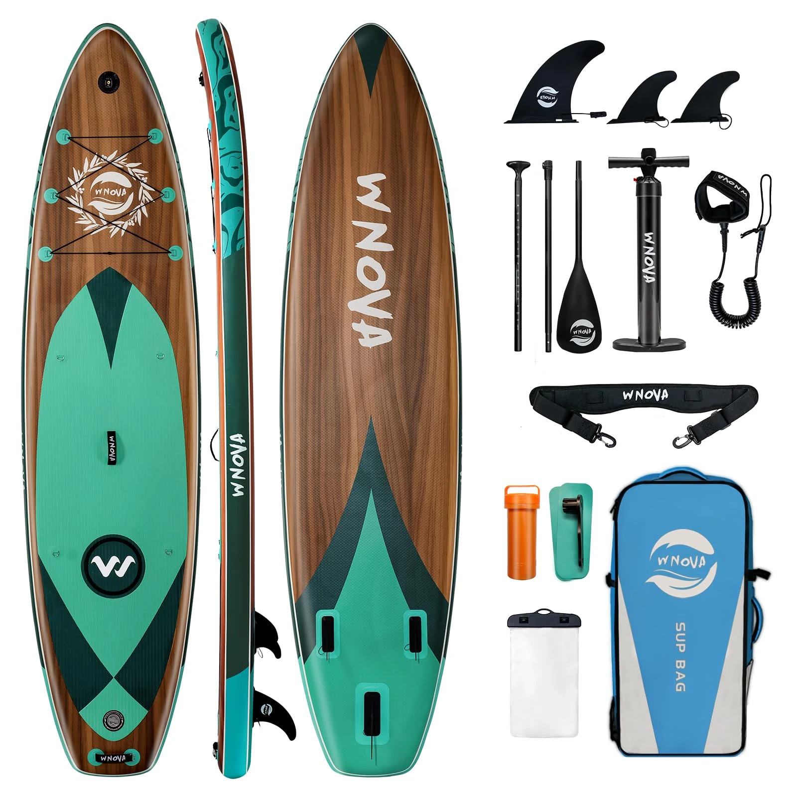 WNOVA 11'6"×34"×6" Inflatable Stand Up Paddle Board, 430LBS Capacity SUP Paddle Board For All Skill Levels, Blow Up Paddleboard with Adjustable Paddle, Camera Mount, Cup Holder, Backpack, Classic Wood