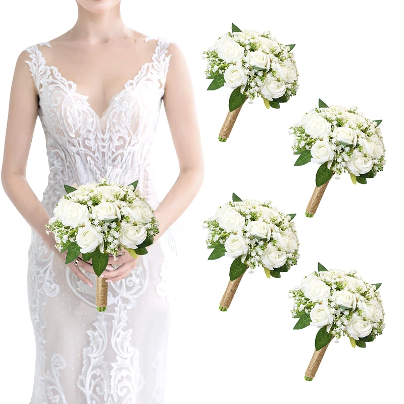SEMONONIA Set of 4 Bridesmaid Bouquet White Wedding Flowers Bouquets - Artificial Rose and Baby's Breath Rustic Small Floral Bouquet for Bridesmaid Fake Sage Green Boho 7 inch Wedding Decor