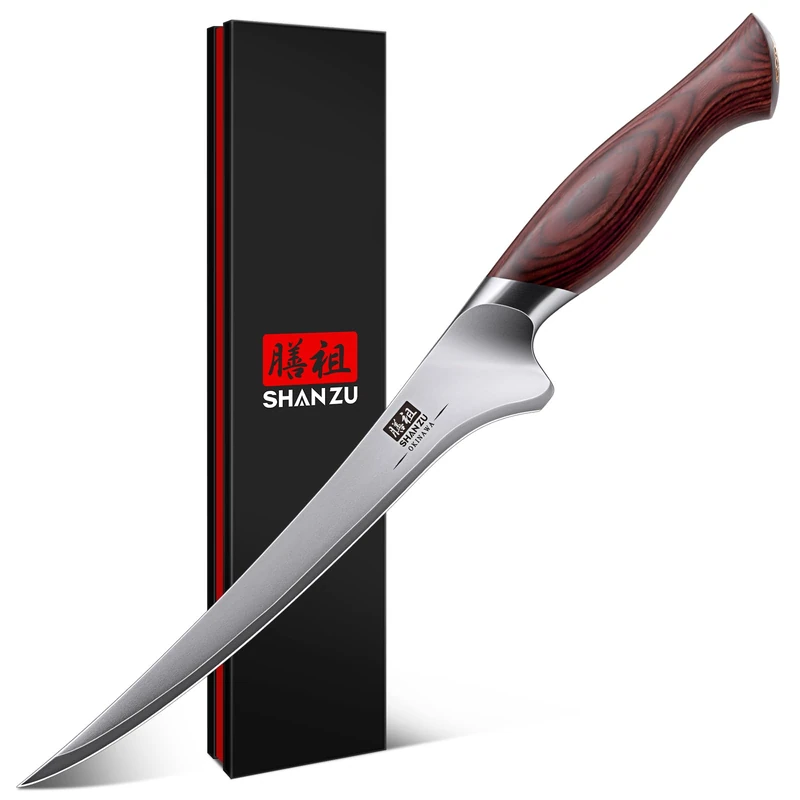 SHAN ZU Filleting Knife 7 inch, Sharp Fish Boning Knife for Meat in 10Cr15Mov Japanese High Carbon Steel, Professional Kitchen Knife with Flexible Blade and Ergonomic Pakkawood Handle