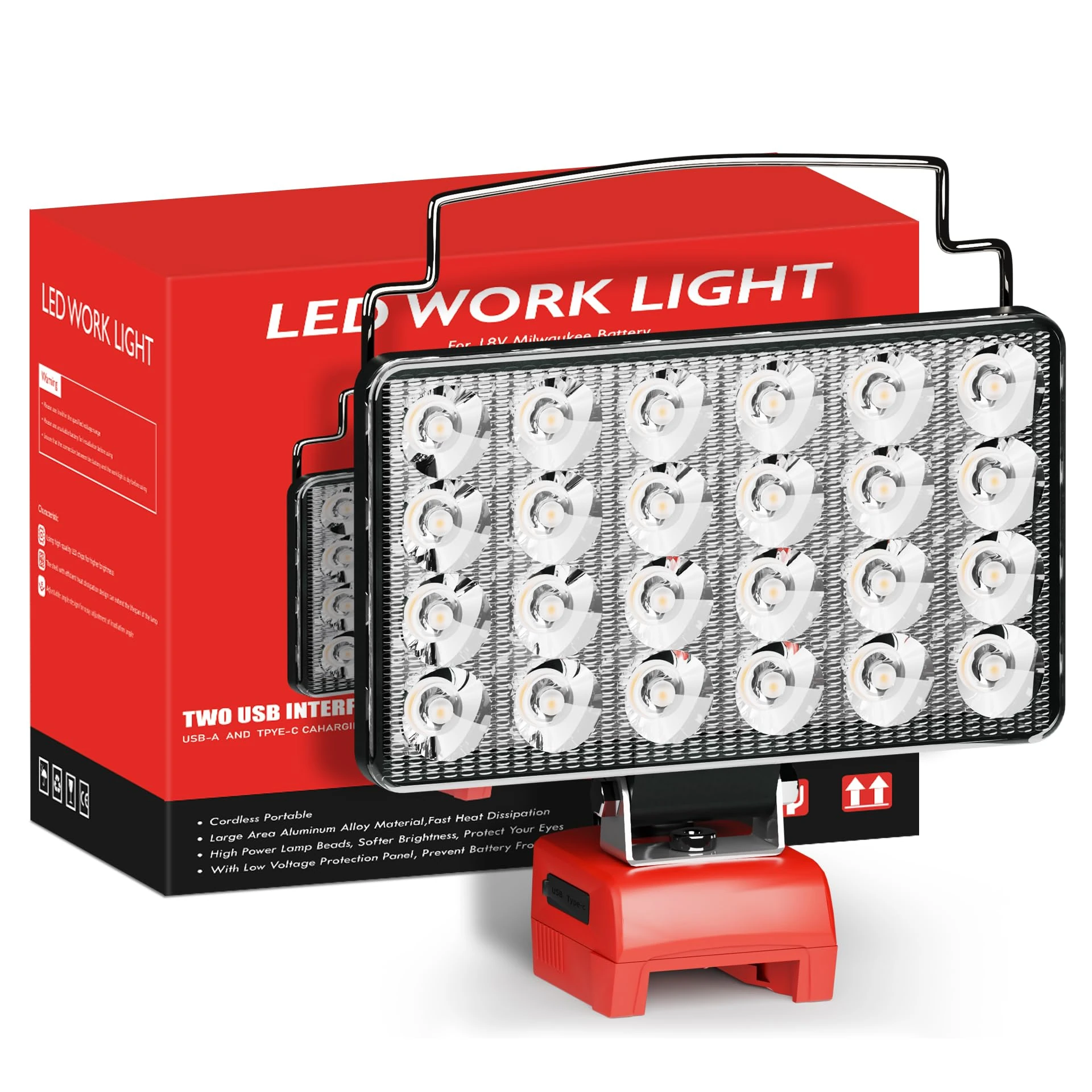 LED Work Light for Milwaukee m18 18v Battery Cordless Spotlight for m18 Battery Light with Low Voltage Protection and USB & Type C Charger Port [Batteries not Included] (ML24D)