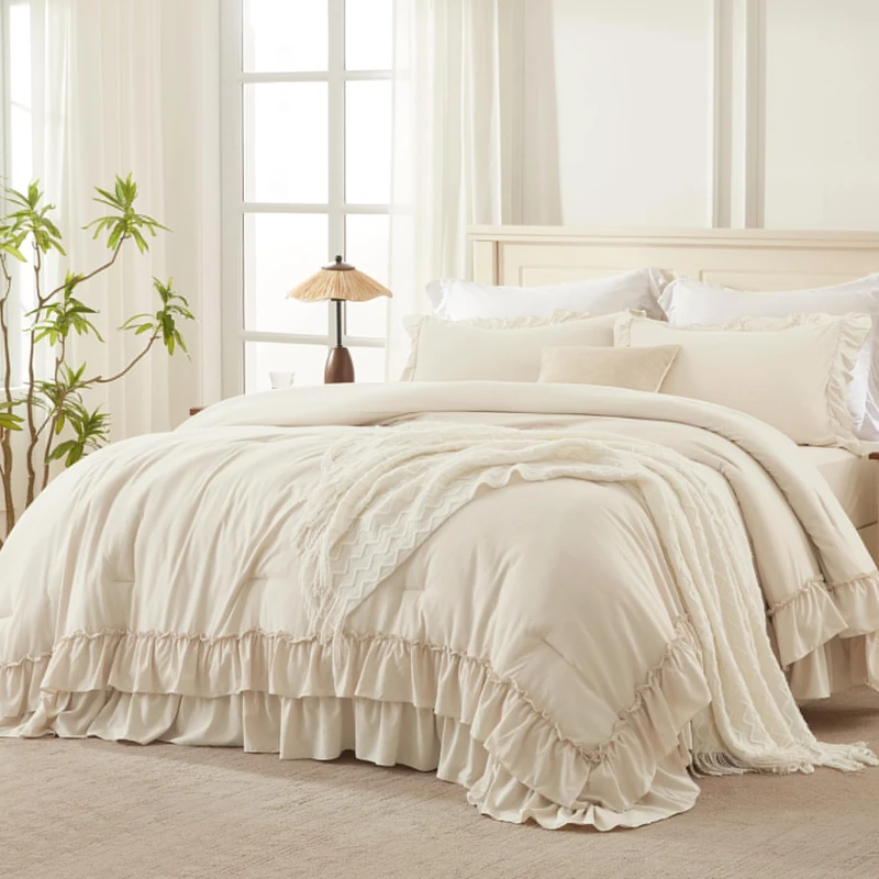 Andency Beige Super King Plus Ruffle Comforter Set, 3 Pieces