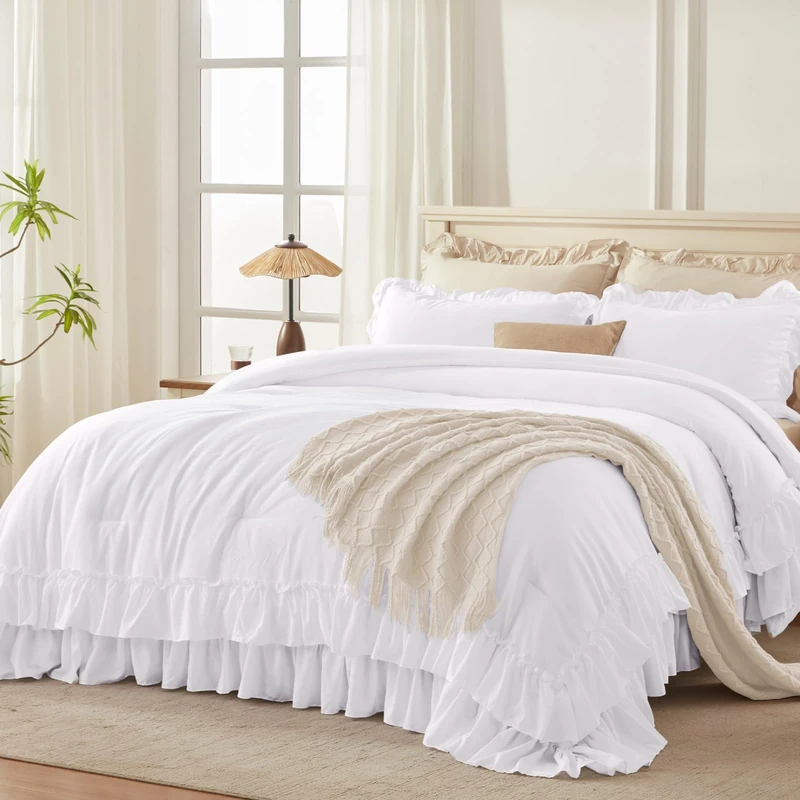 Andency White Super King Plus Ruffle Comforter Set, 3 Pieces