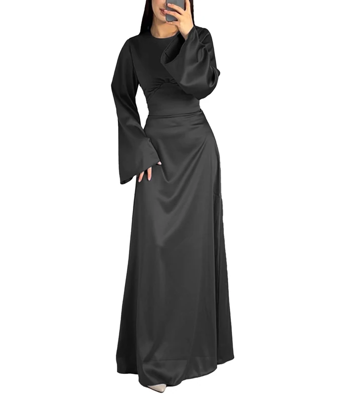 xxxiticat Women's Silk Satin Long Dress Long Sleeve Round Neck Back Lace Up Bandage Tie Wedding Party Maxi Dresses, Black, M