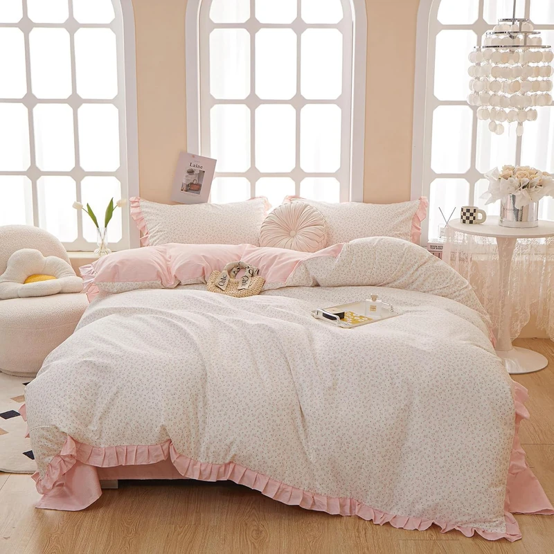 Pink Floral Comforter Set Twin XL - Boho Ruffle Botanical Bedding With 2 Pillowcases - Cottagecore Cute Flowers Vintage Aesthetic for Girls