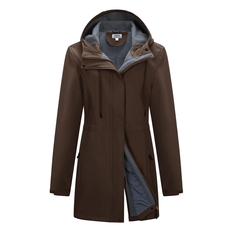 Outdoor Ventures Softshell Jacket Ladies Rain Jacket Functional Rain Coat Windbreaker Waterproof Hiking Jacket Breathable Outdoor Jacket with Hood for Spring Fall Winter Chocolate L
