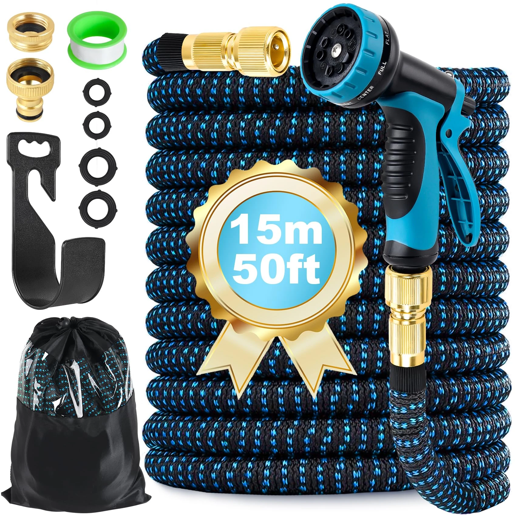 Expandable Garden Hose Pipe 15m 50ft, Expanding Hosepipes for Garden Water Hose with 1/2" 3/4" Connectors, 10 Function Spray Gun, Holder, Flexible Retractable Magic Hoses for Gardening Car Washing