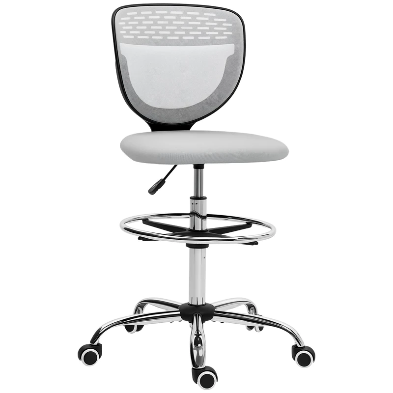 Vinsetto Drafting Chair, Swivel Office Draughtsman Chair, Mesh Standing Desk Chair with Adjustable Foot Ring, Armless, Light Grey