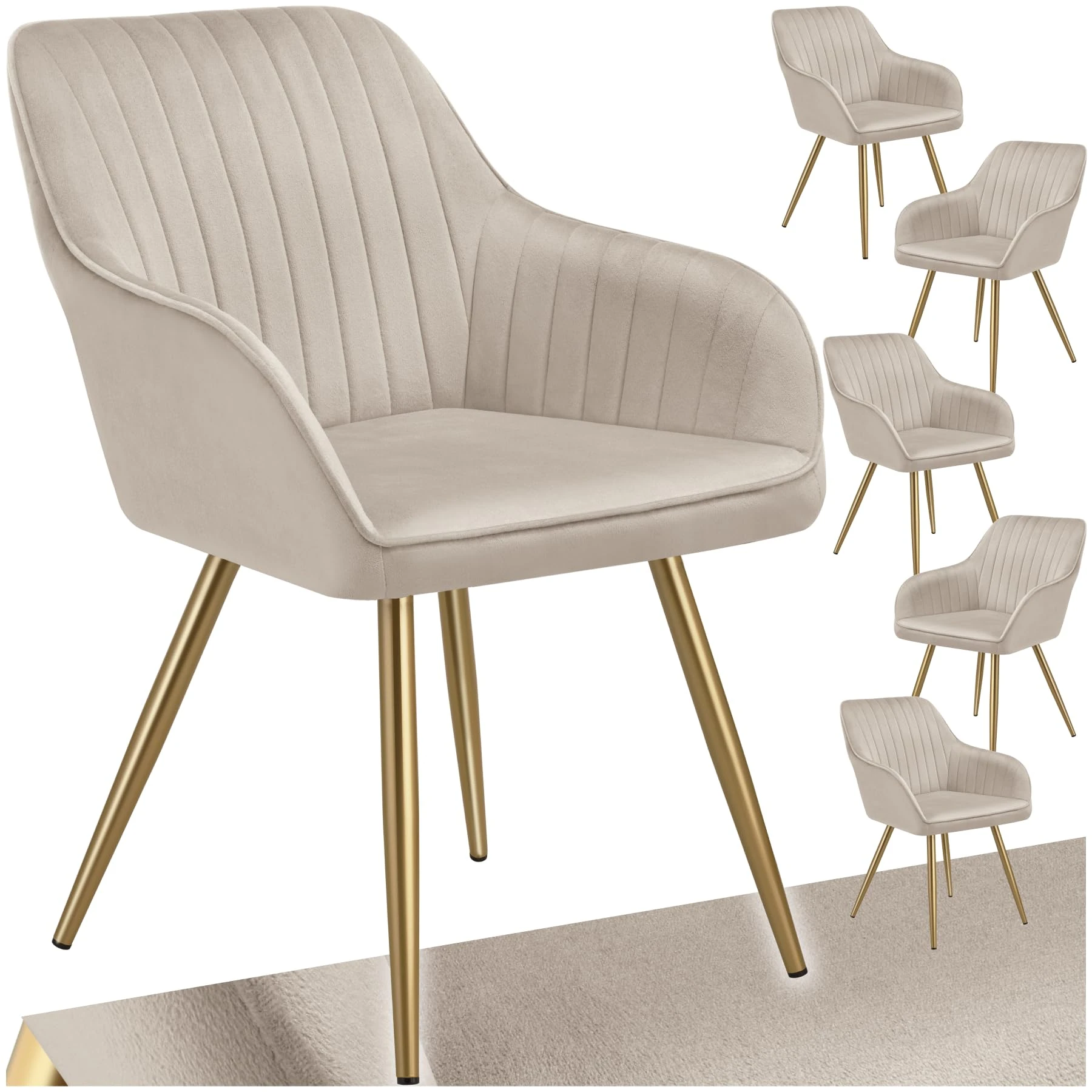 TecTake® Set of 6 Dining Chairs with Quilted, Velvet-Look Covers, Softly Padded Armchair Set with Continuous Backrests & Golden Steel Legs, Ideal Kitchen, Living Room & Desk Chairs - Taupe/Gold