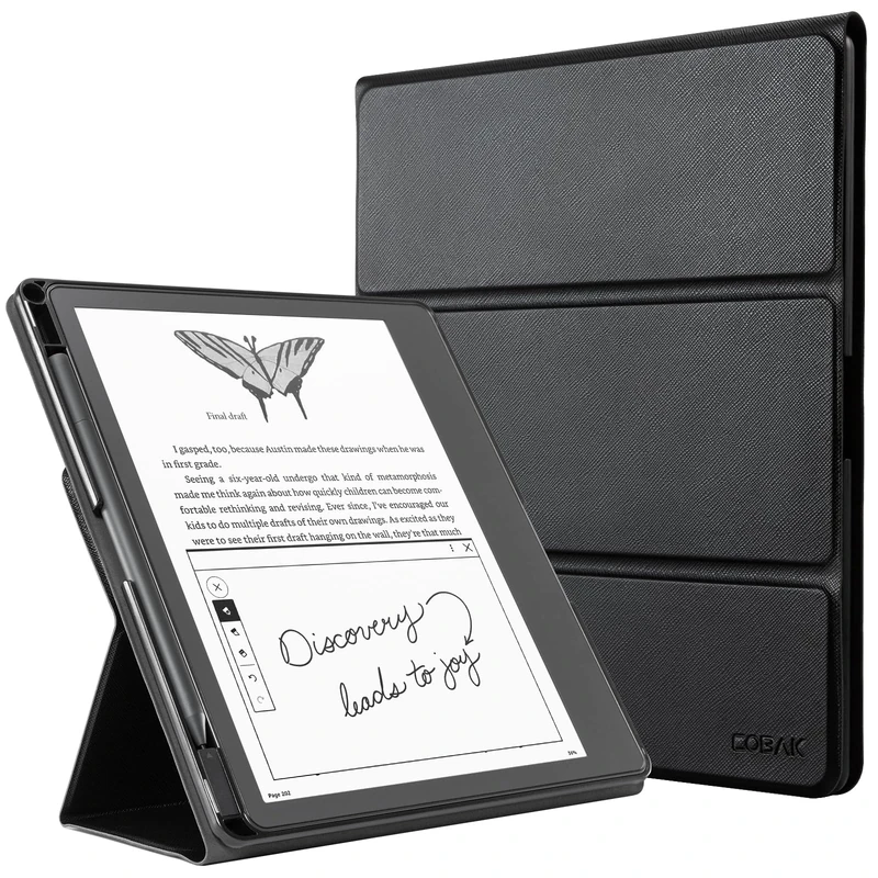 CoBak Tri-fold Case for New Kindle Scribe 2024/2022 Released - Premium Folio Leather Cover with Pen Holder, Auto Sleep/Wake, and Stand Feature Compatible with 10.2" Kindle Scribe, Black