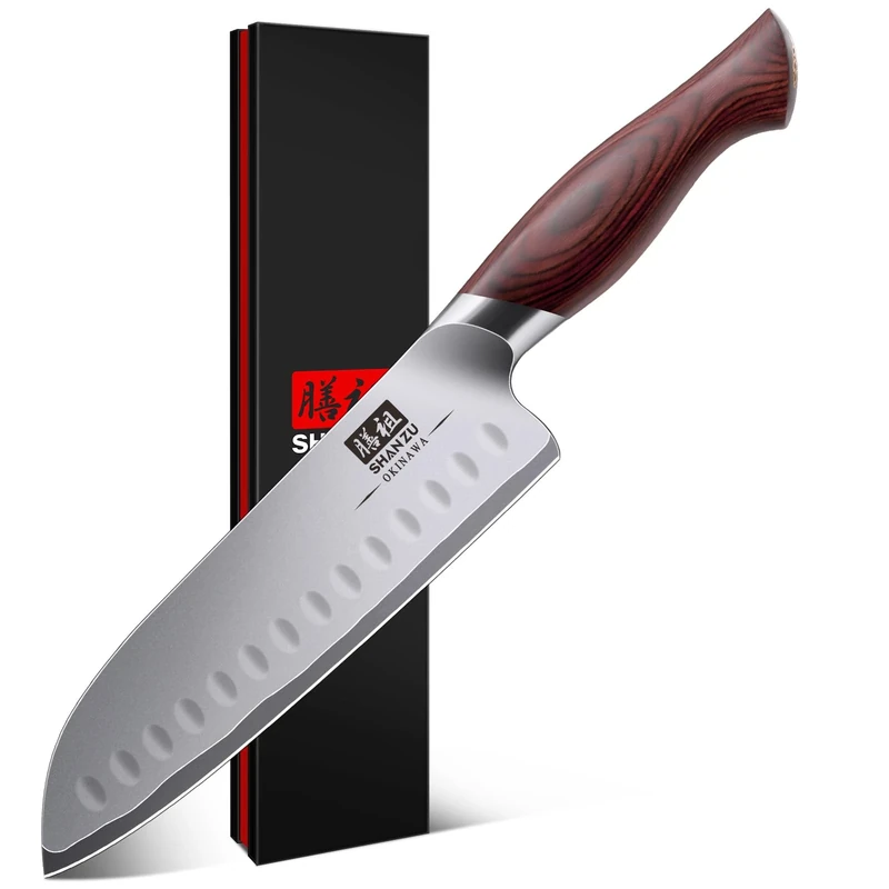 SHAN ZU 18cm Santoku Chef Knife, Japanese High Carbon Steel 10Cr15Mov Kitchen Knife with 12° Ultra Sharp Blade & Ergonomic Pakkawood Handle