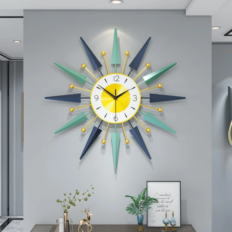 JTWALCLOCK Large Modern Wall Clock for Living Room Decor,24 Inch Big Decorative Starburst Metal Wall Clock Battery Operated for Kitchen Bedroom Office,Silent Mid-Century Colorful Clock for Home Decor