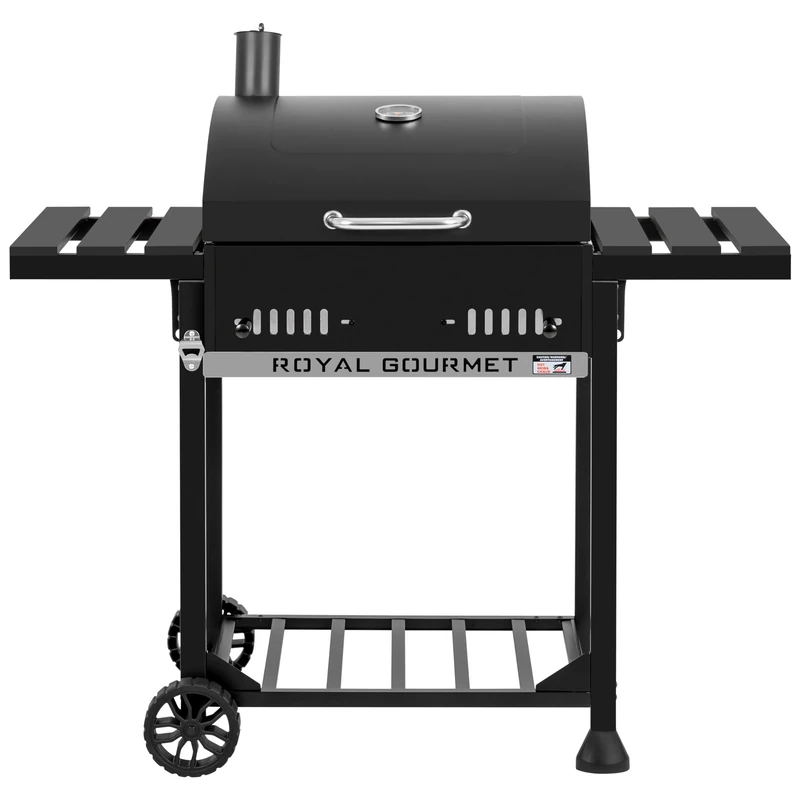 Royal Gourmet Charcoal Barbecue, Trolley Charcoal Grill with Folding Shelves, Lid, Thermometer, Cooking Surface 56.5 x 42.2 cm for Garden, Camping