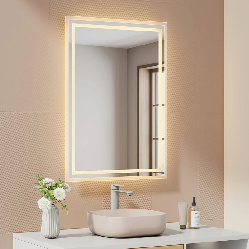 EMKE Bathroom Mirror with Lighting, 50 x 70 cm, LED Bathroom Mirror, Warm White Light 3000 K Wall Mirror with Lighting, Horizontal/Vertical, IP44 Energy Saving - Image 1