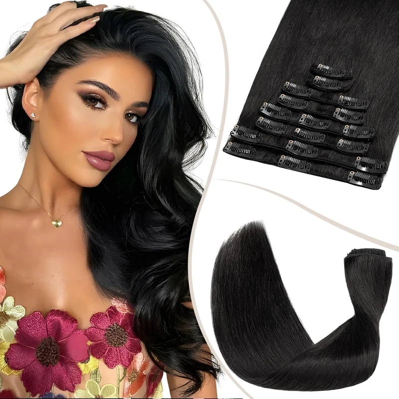 TESS Clip in Hair Extensions Real Human Hair Black Remy Seamless 8 Pieces Straight for Women/Girls (#01 Jet Black, 20 Inch 70g)