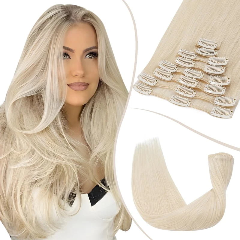 TESS Clip in Hair Extensions Real Human Hair Blonde Remy Seamless 8 Pieces Straight for Women/Girls (#70 Ultra Platinum Blonde, 18 Inch 70g)