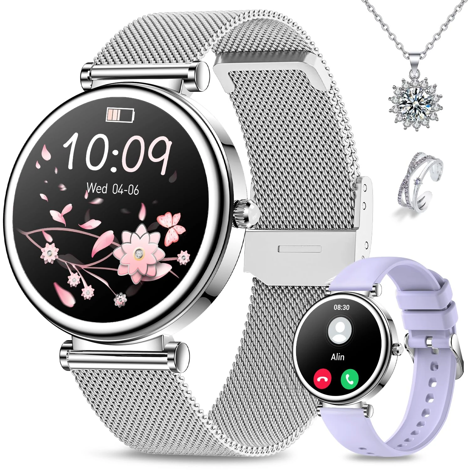 Efolen Smart Watches for Women (Answer/Make Call), 1.27”HD Screen Bluetooth Smartwatch for Android iOS Phones, Step Counting, Fitness Trackers with HR/SpO2/BP/Sleep Monitor, Necklace Ring Silber
