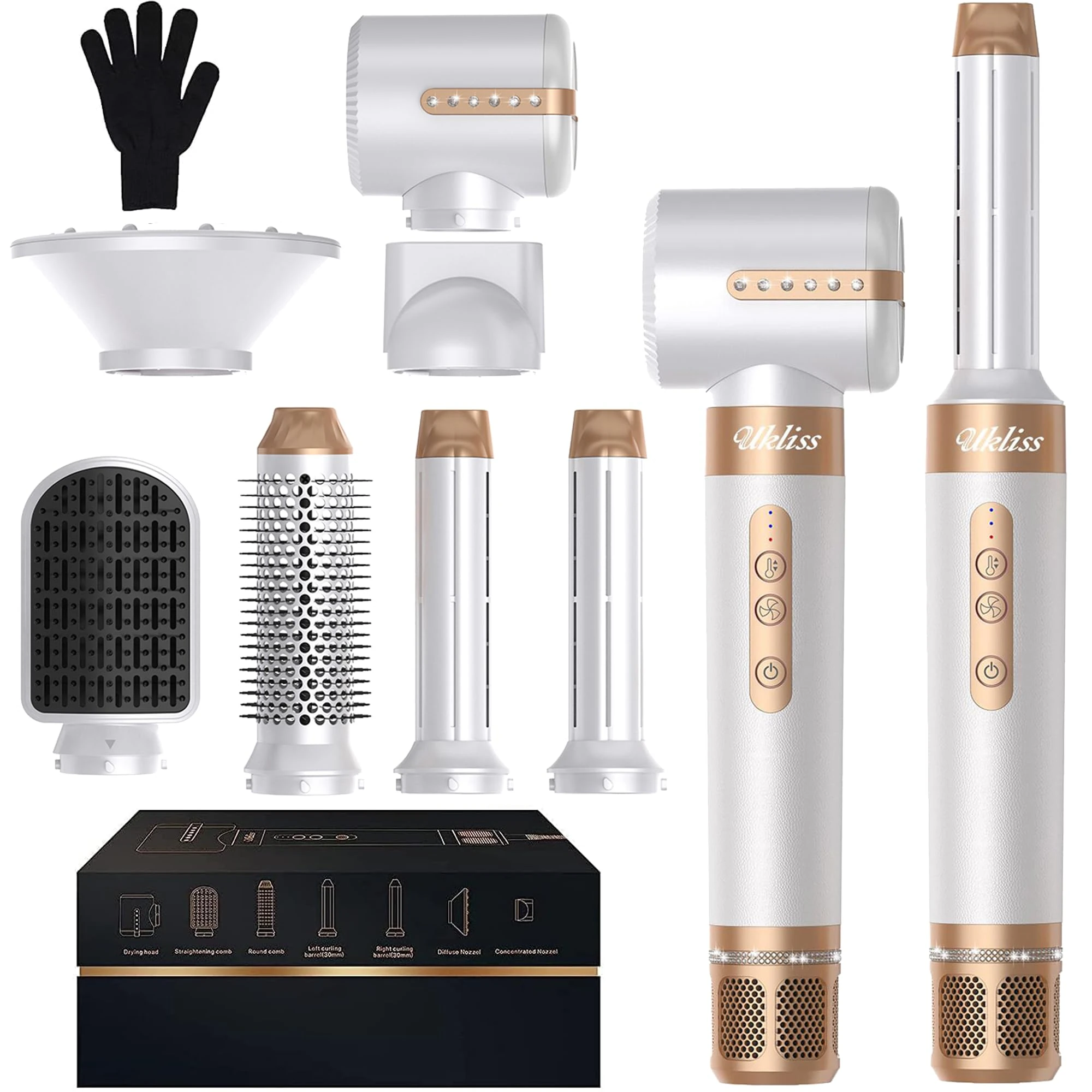 UKLISS Airstyler 7 in 1, Hair Dryer Set with Automatic Hair Wrap Curler, Thermal Brush, Hot Air Brush, Multistyler Blow Dryer for Styling, Gifts Sets for Women Volume, Curl, Smooth, D& Style - White