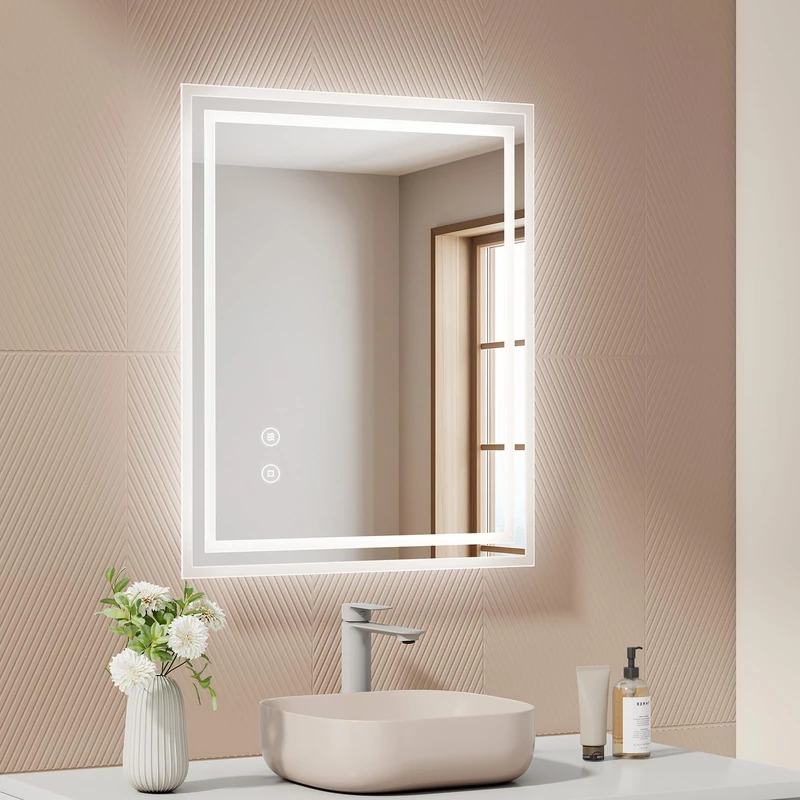 EMKE Bathroom Mirror with Lighting 60 x 50 cm, Anti-Fog, Touch Switch, Dimmable, Cool White Bathroom Mirror, Memory Function, Automatic Shut-Off After 3 Hours, LED Mirror