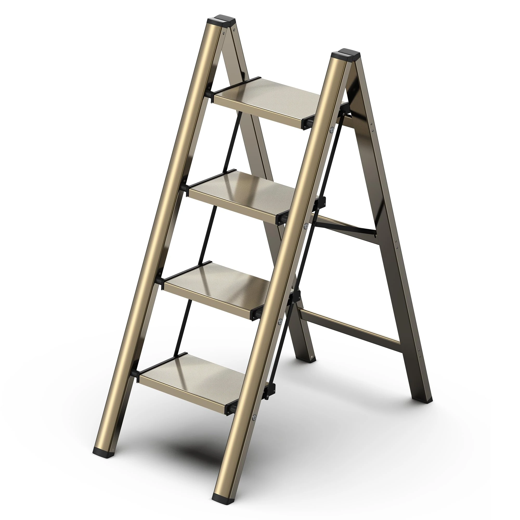 GameGem 4 Step Ladder, Folding Step Stool with Anti-Slip Wide Pedal, Aluminum Material Lightweight yet Sturdy, 150 KG Load, Cute Modern Apperance for Indoor Household Spaces, Champagne Gold
