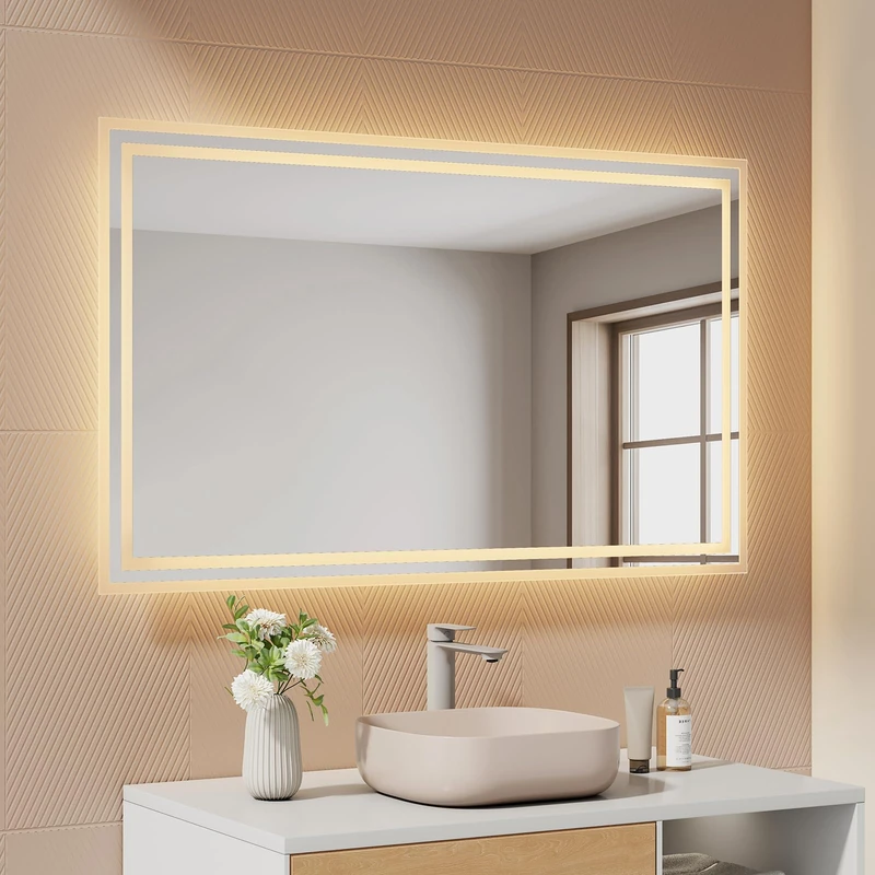 EMKE Bathroom Mirror with Lighting, 60 x 100 cm, Anti-Fog, 2 Colour Temperatures (Warm White/Cool White), Toggle Switch, Horizontal/Vertical, LED Mirror, IP44 - Image 1