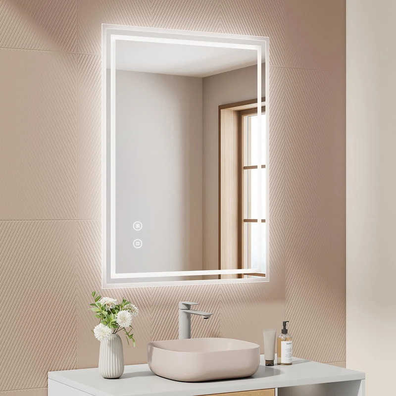EMKE Bathroom Mirror with Lighting 80 x 60 cm, Anti-Fog, Touch Switch, Dimmable, Cool White Bathroom Mirror, Memory Function, Automatic Shut-Off After 3 Hours, LED Mirror - Image 1
