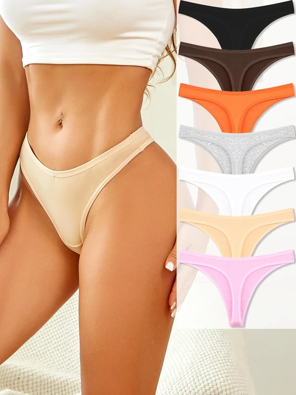 7 Pack Cotton Underwear for Women Pack Sexy Thongs for Women Stretch Soft Womens Panties Thong S-XL, 7 Pack-black+white+moca Gray+orange+gray+beige+pink, X-Large