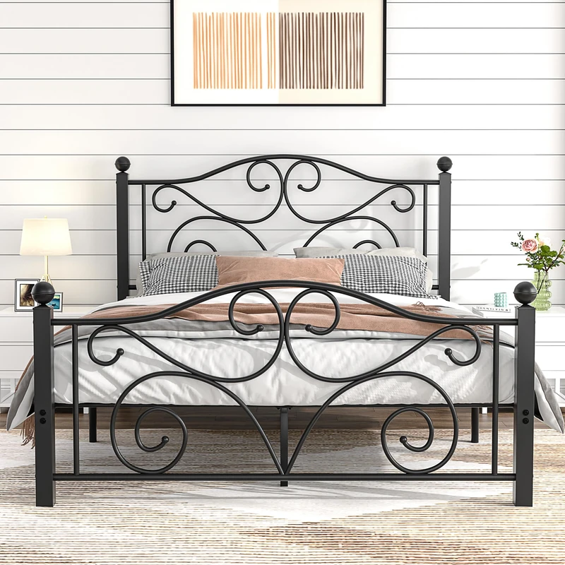 VECELO 4ft6 Double Bed Frame with Headboard and Footboard, 135×190cm Platform Mattress Foundation, Heavy Duty Metal Slat Support, No Box Spring Needed, Easy Assembly