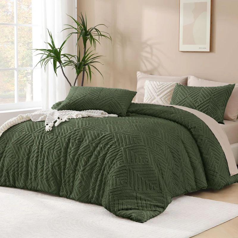 Andency Olive Green California King Comforter Qversized 120''x98'', 3 Pieces Boho Bedding Set & Collections, Farmhouse Tufted Fluffy Bed Set (1 Comforter, 2 Pillowcases)