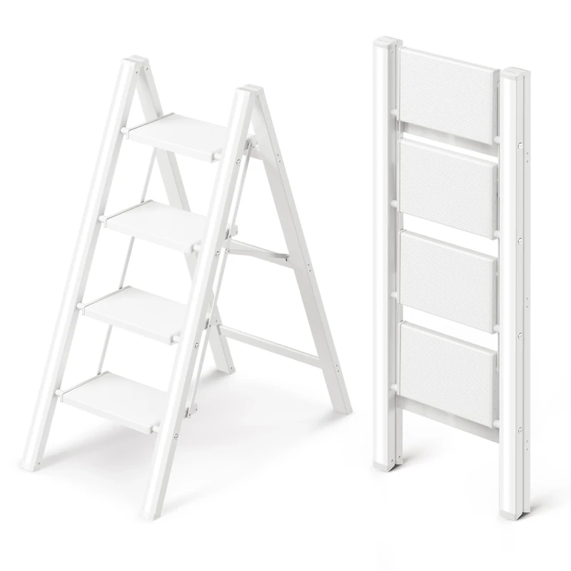 GameGem 4 Step Ladder, Folding Step Stool with Anti-Slip Wide Pedal, Aluminum Material Lightweight yet Sturdy, 150KG Load, Cute Modern Apperance for Indoor Household Spaces, White